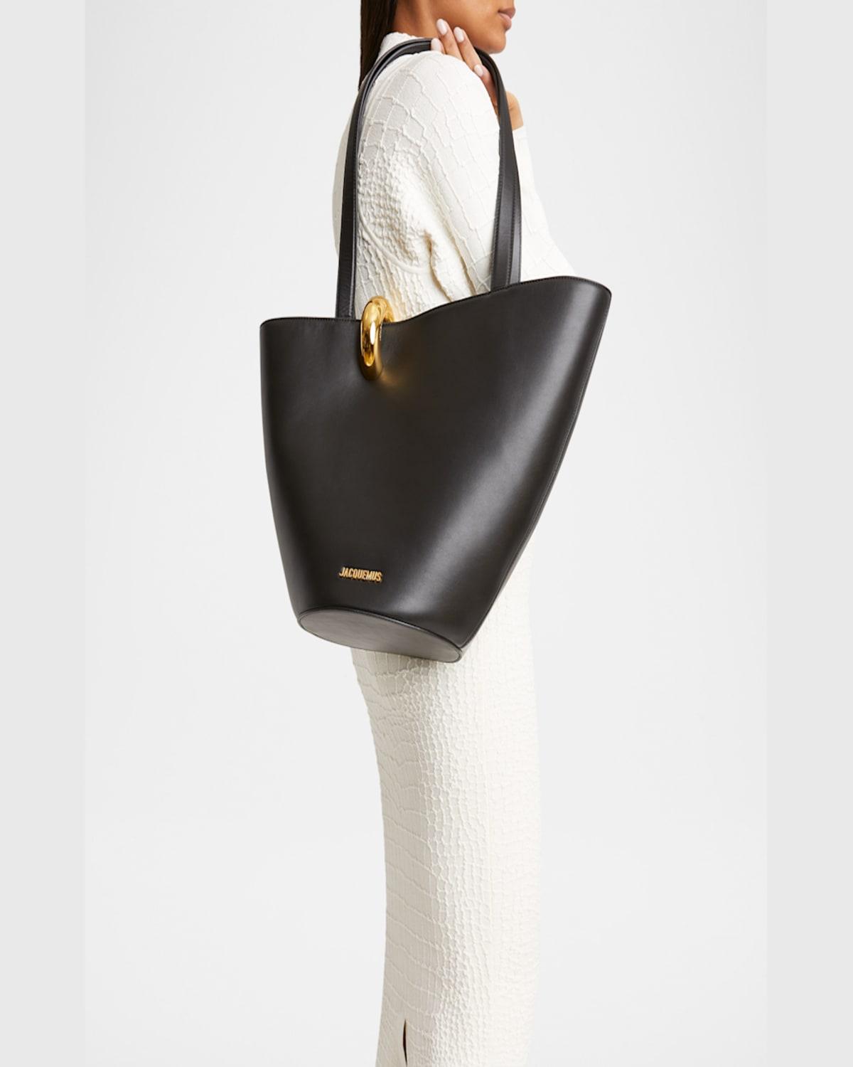 JACQUEMUS The Medium Bambola Asymmetric Leather Bucket Bag In Black 990 Product Image