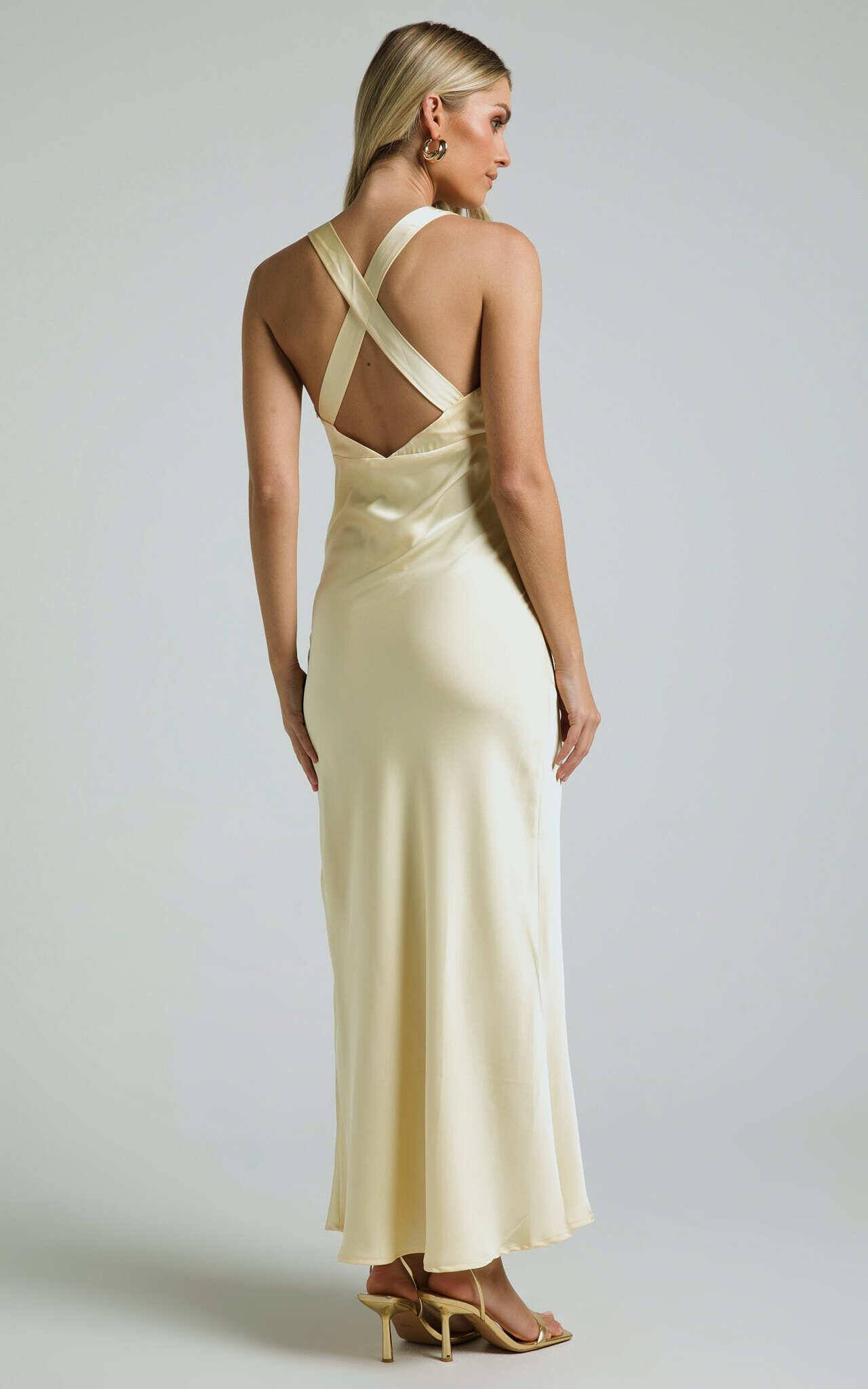 Khalani Midi Dress - Deep V Neck Satin Slip Dress in Butter Yellow Product Image