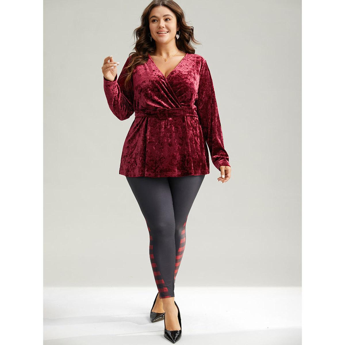 Plus Size Scarlet Velvet Overlap Collar Elastic Waist Buckle Detail Blouse Women Glamour Long Sleeve Overlap Collar Festival-Christmas Blouses BloomChic 12/L Product Image