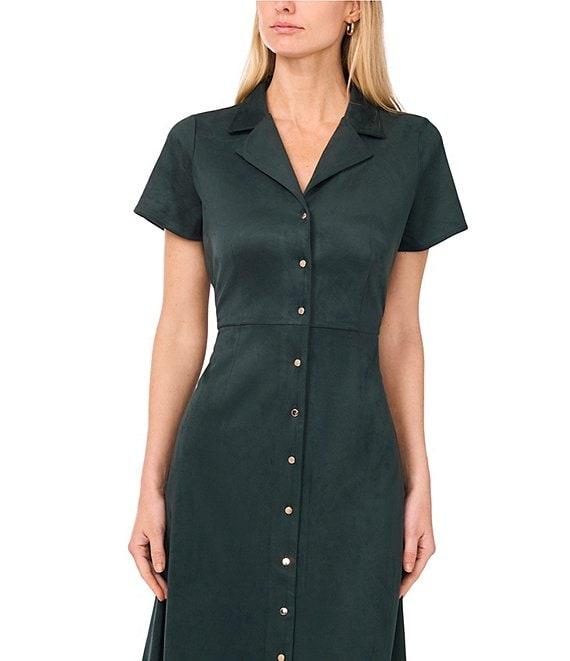 Vince Camuto Faux Suede Point Collar Short Sleeve Button Front Dress Product Image