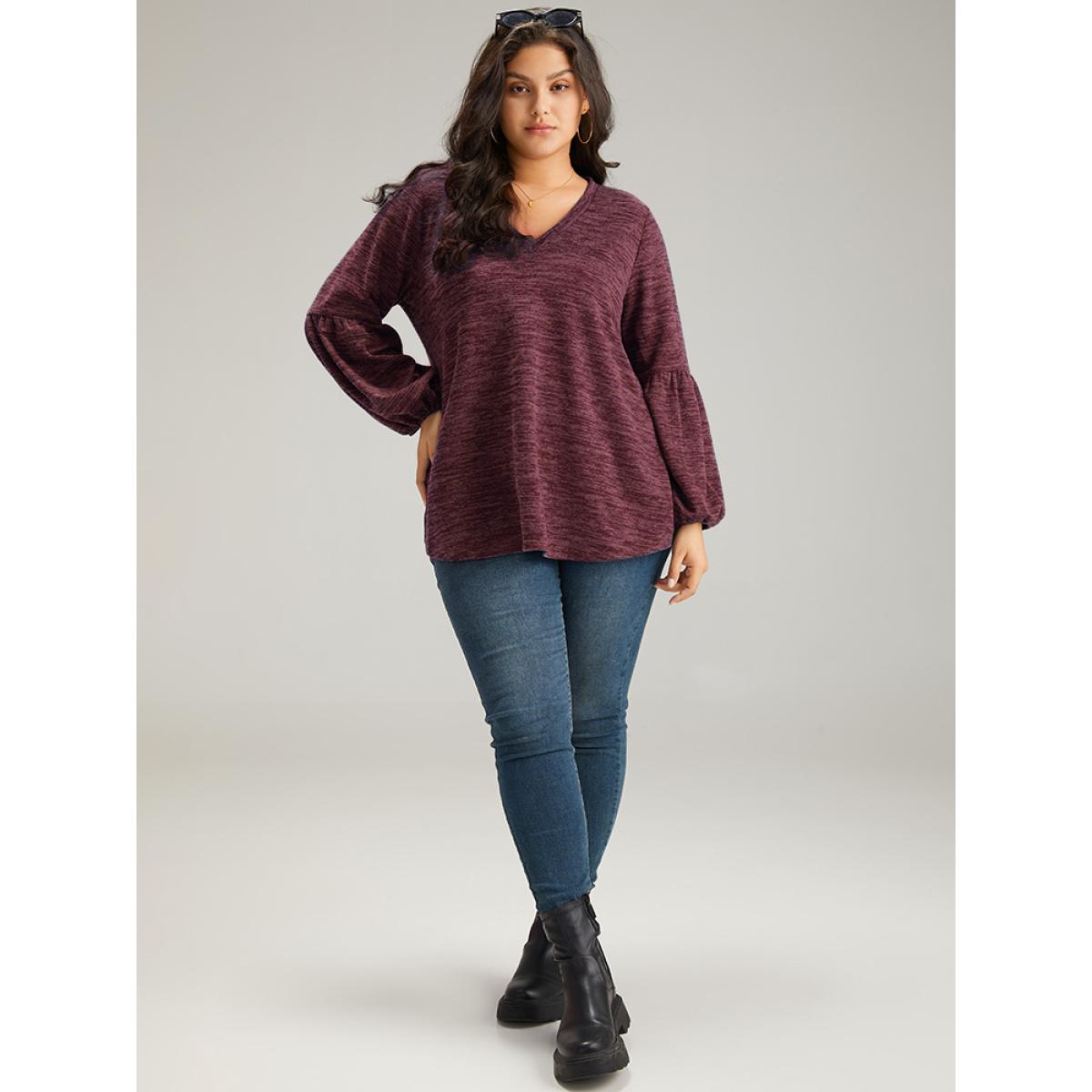 Plus Size Heather V Neck Lantern Sleeve Sweatshirt Women Cyan Casual Elastic cuffs V-neck Dailywear Sweatshirts BloomChic 10/M Product Image