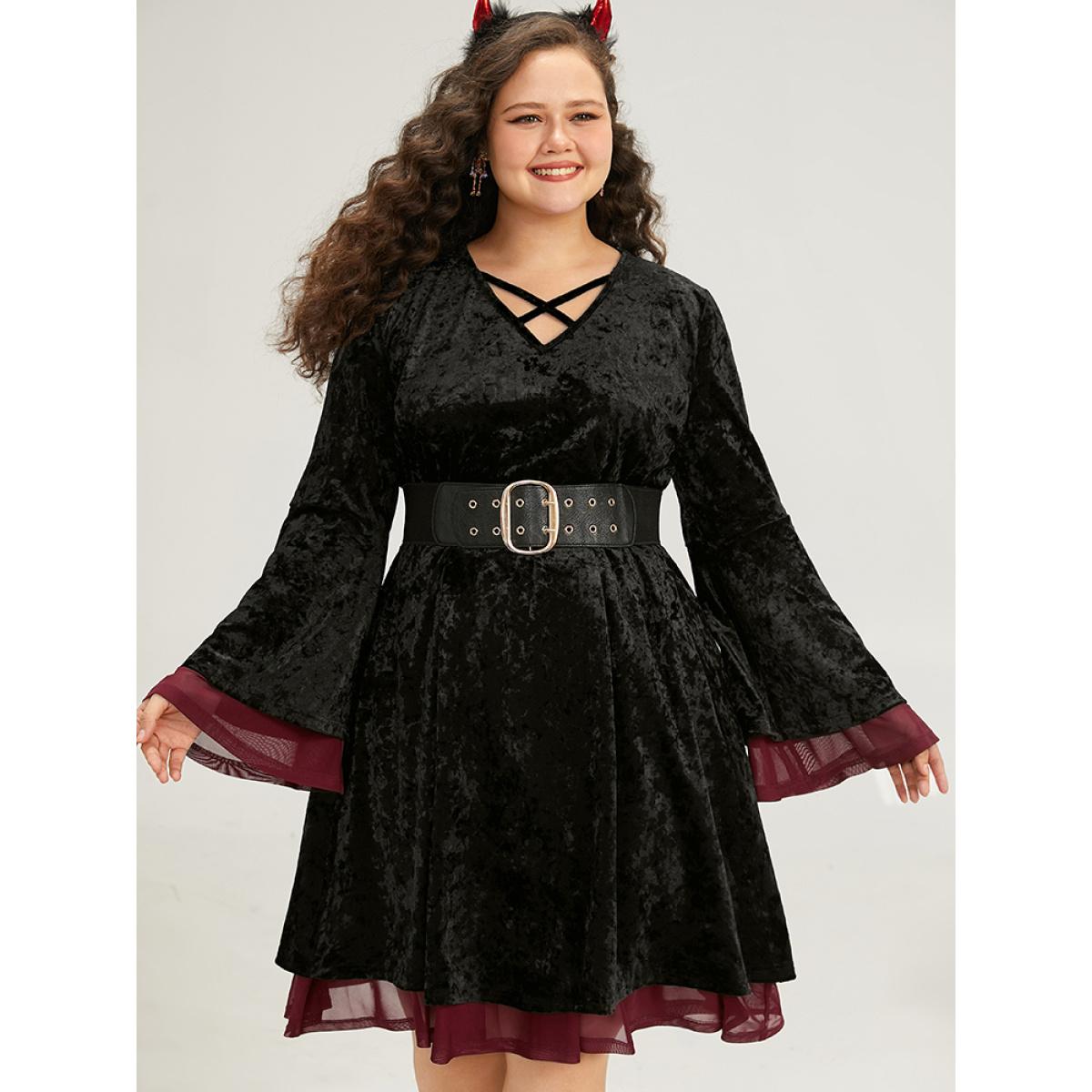 Plus Size Halloween Velvet Contrast Layered Crisscross Neck Dress Black Women Elegant Plain V-neck Long Sleeve Curvy Knee Dress BloomChic 14-16/1X Product Image
