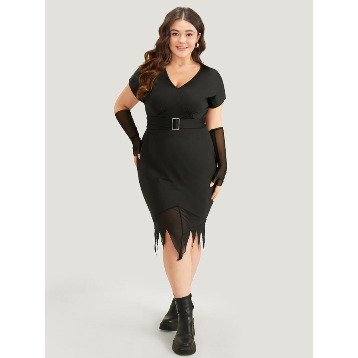 Plus Size Halloween Solid Mermaid Hem Mesh Bowknot Dress Black Women Casual Plain V-neck Sleeveless Curvy Knee Dress BloomChic 22-24/3X Product Image