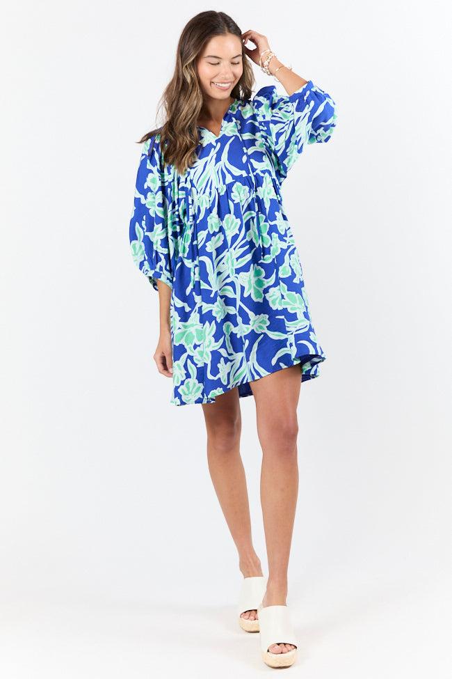 Keep The Flowers Blue and Green Floral Print Long Sleeve Mini Dress FINAL SALE Product Image