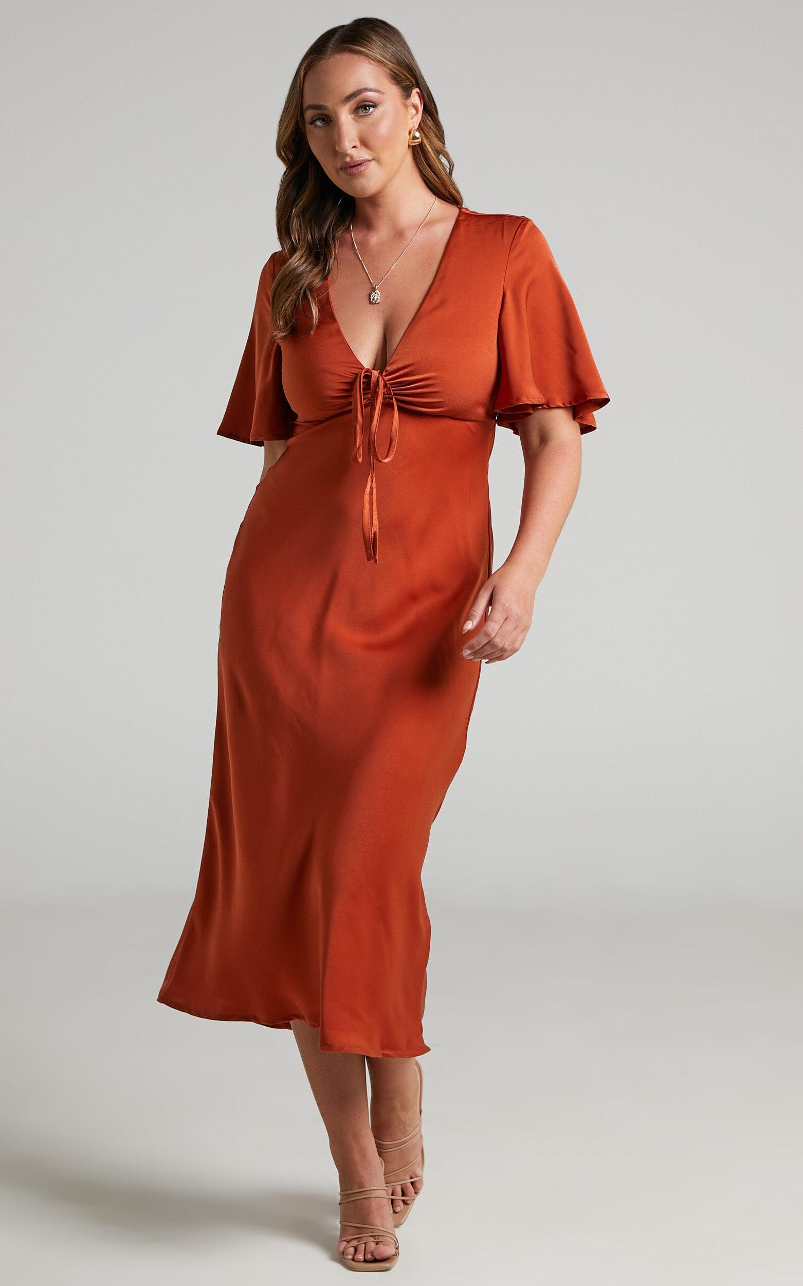 Nicholla Midi Dress - Ruched Front Angel Sleeve Slip Dress in Copper Product Image
