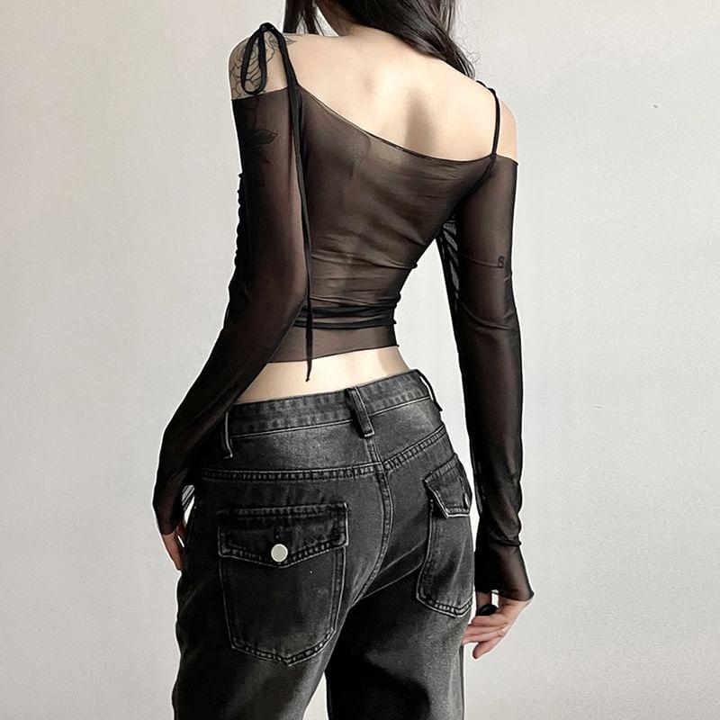Long Sleeve Tie-Strap Off-Shoulder Plain Mesh  Crop Top Product Image