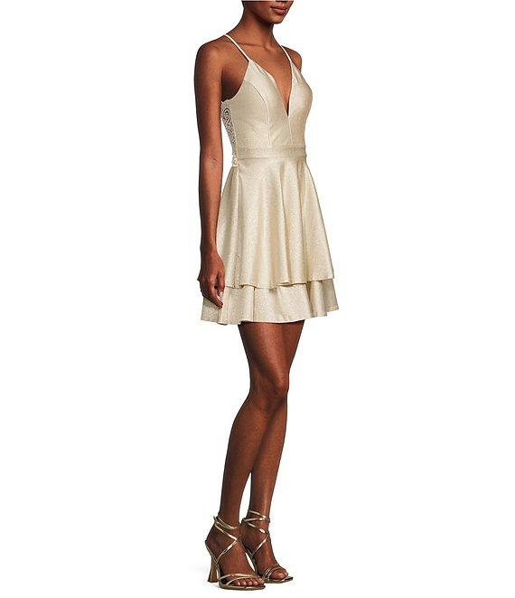 V-Neck Double Hem Fit & Flare Glitter Dress Product Image