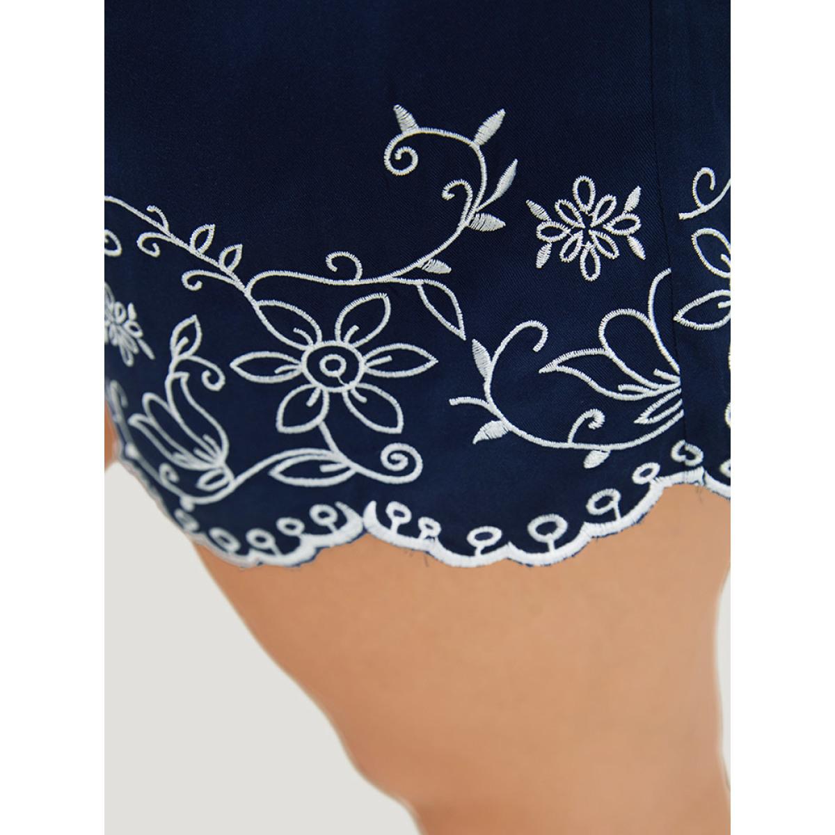 Plus Size Floral Embroidered Pocket Knotted Lettuce Trim Shorts Women Indigo Vacation Knotted Dailywear Shorts BloomChic 18-20/2X Product Image