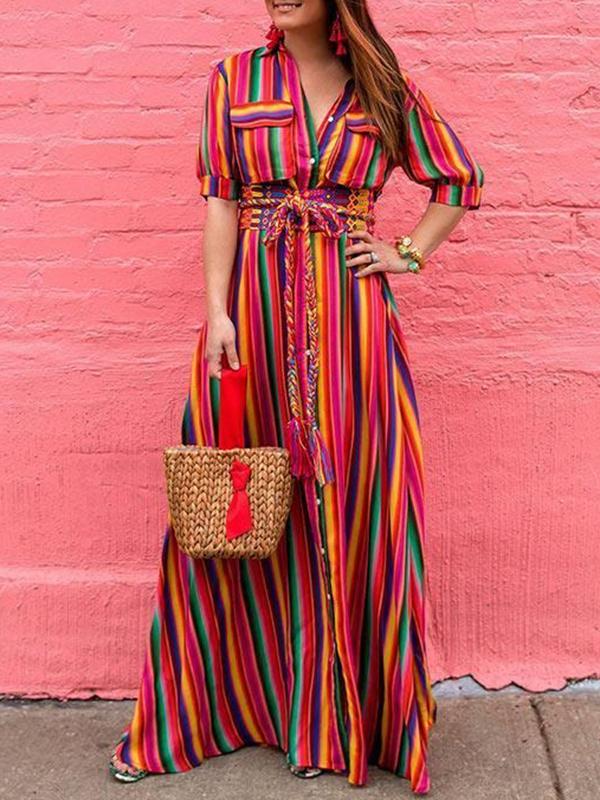 Long Sleeves Loose Split-Joint Striped Lapel Maxi Dresses Shirt Dress Product Image