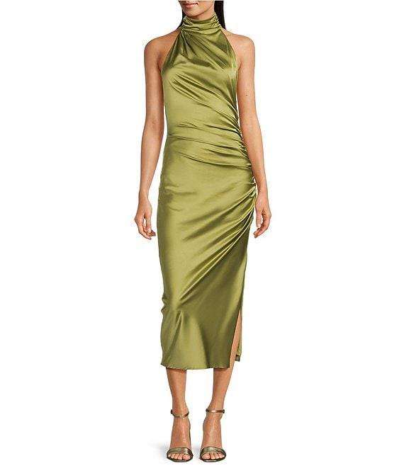 Belle by Badgley Mischka Holly Satin Mock Neck Sleeveless Sheath Dress Product Image
