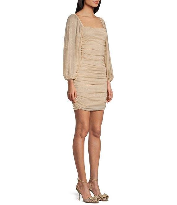 B. Darlin Long Sleeve Square Neck Glitter Shirred Bodycon Dress Product Image