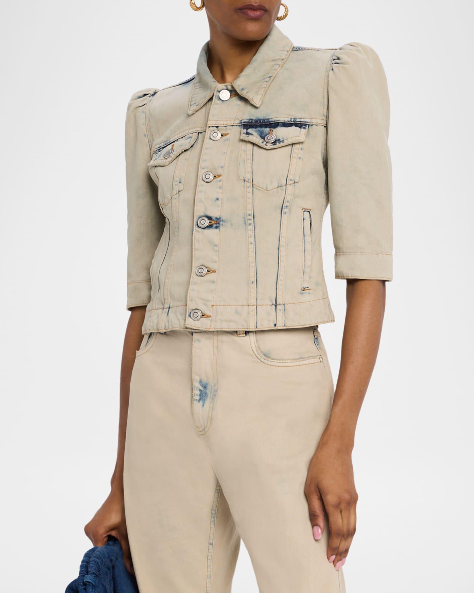 Puff-Sleeve Slim Crop Denim Jacket Product Image