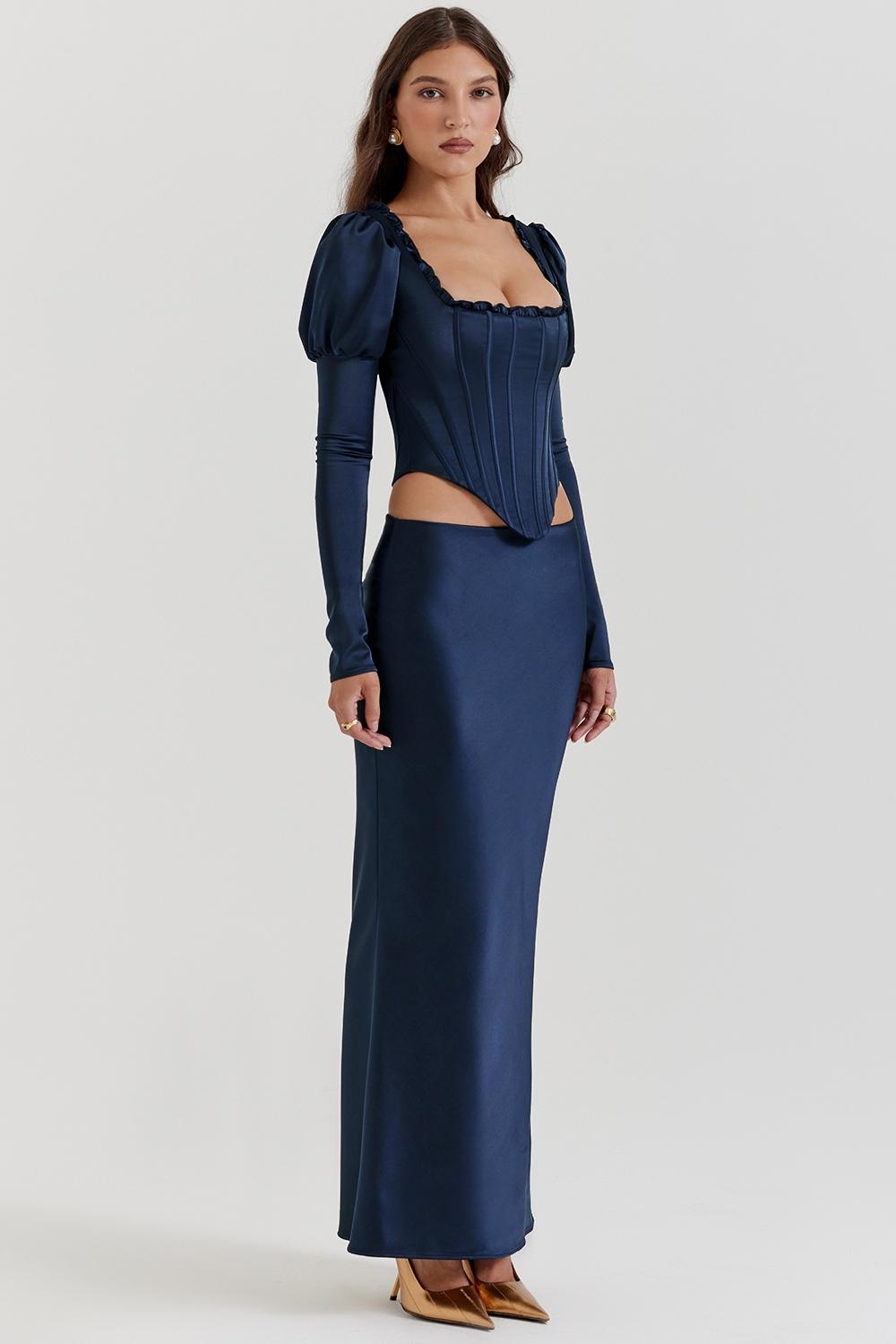 Charlene  navy satin bias cut maxi skirt Product Image
