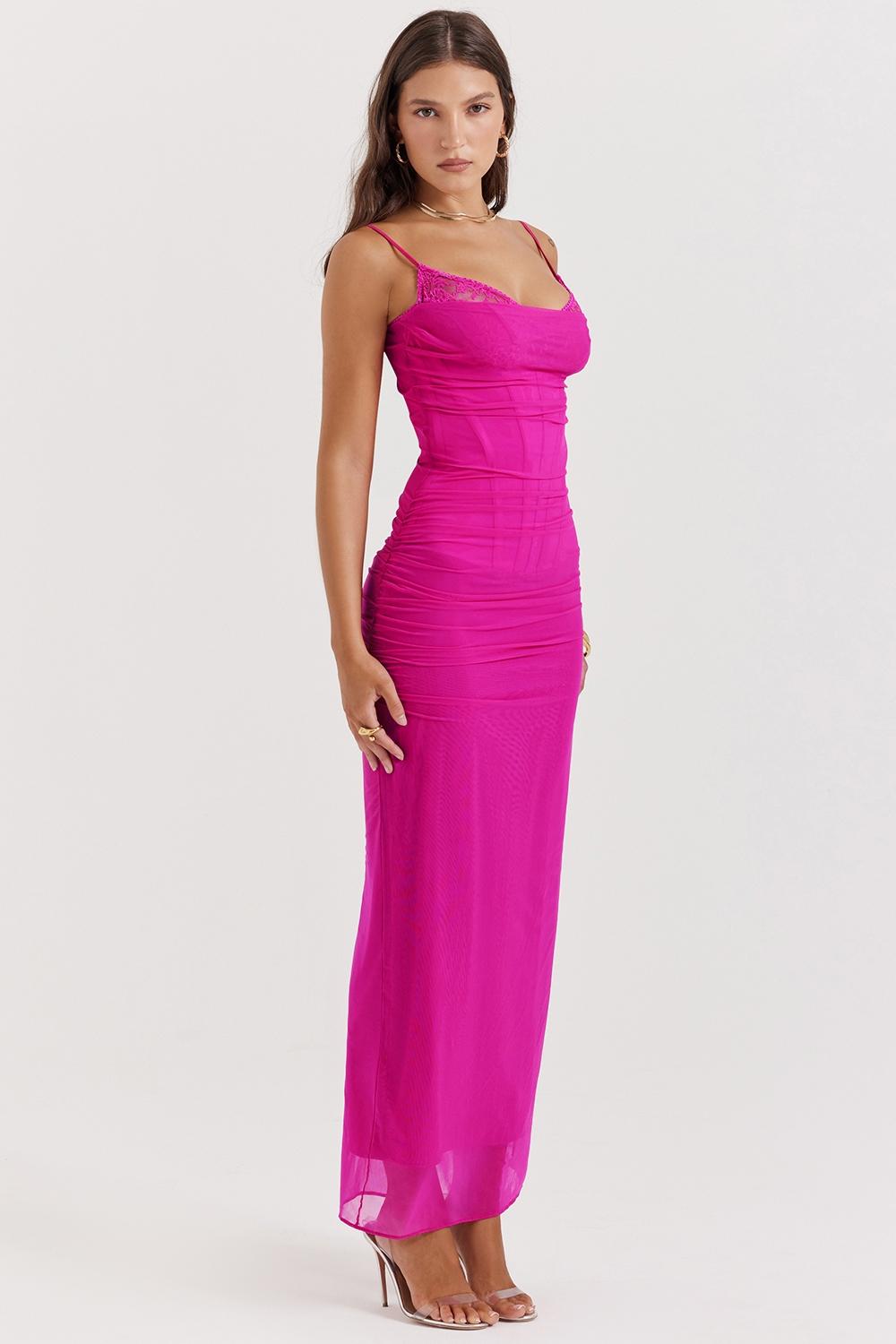 Nalini  fuchsia stretch mesh maxi dress Product Image