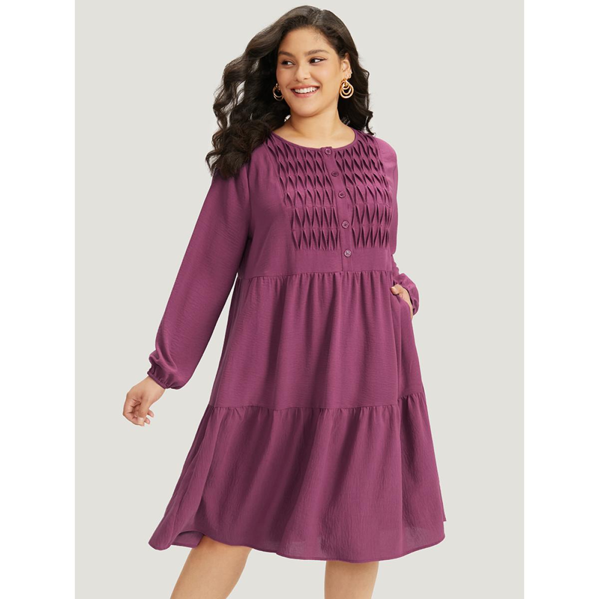 Plus Size Plain Plicated Detail Layered Hem Dress RedViolet Women Elegant Elastic cuffs Round Neck Long Sleeve Curvy Midi Dress BloomChic 10/M Product Image
