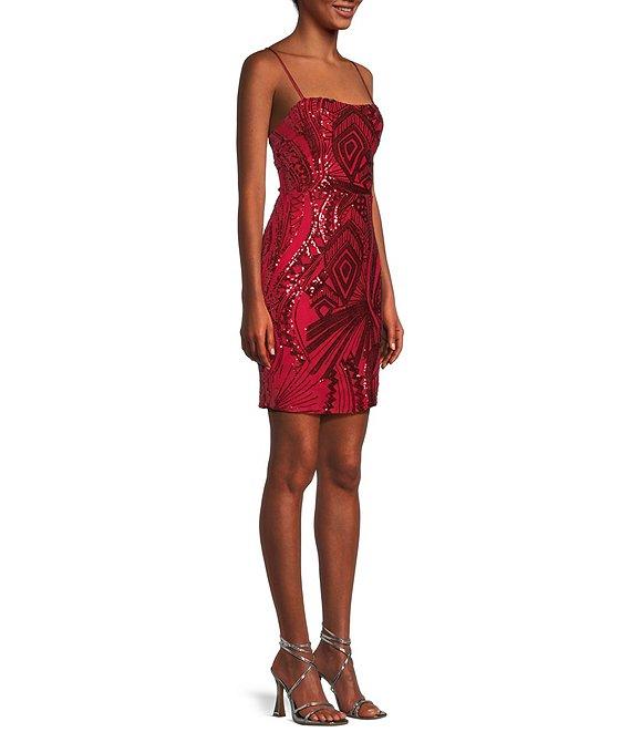 Midnight Doll Spaghetti Strap Placement Sequin Strappy Back Bodycon Mini Dress Product Image