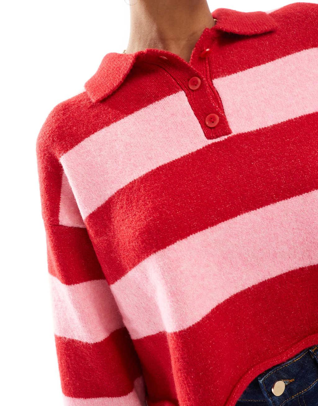 Bershka textured knitted polo sweater in red and pink stripe Product Image