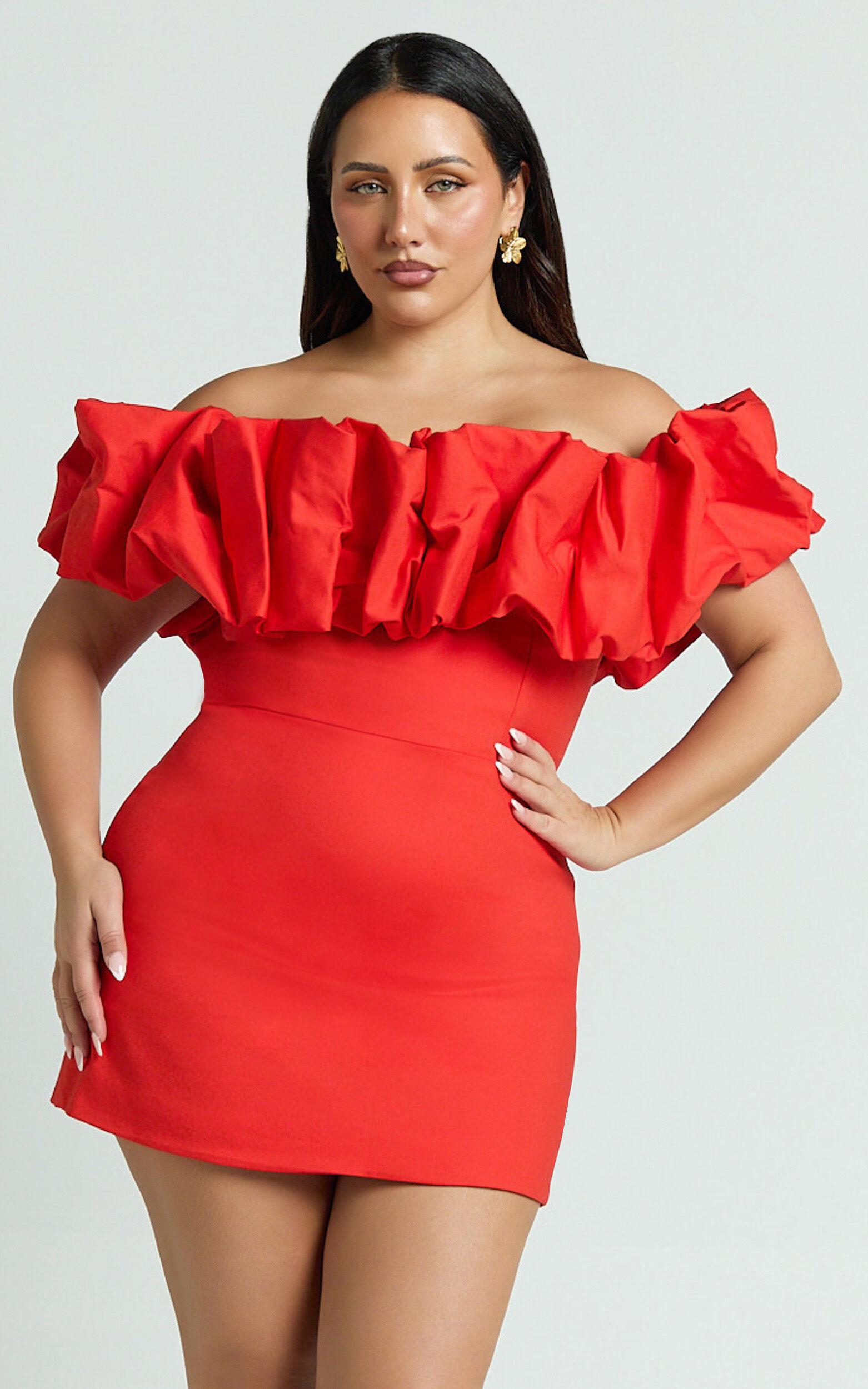 Coraline Mini Dress - Ruffle Off Shoulder Fitted Dress in Red Product Image