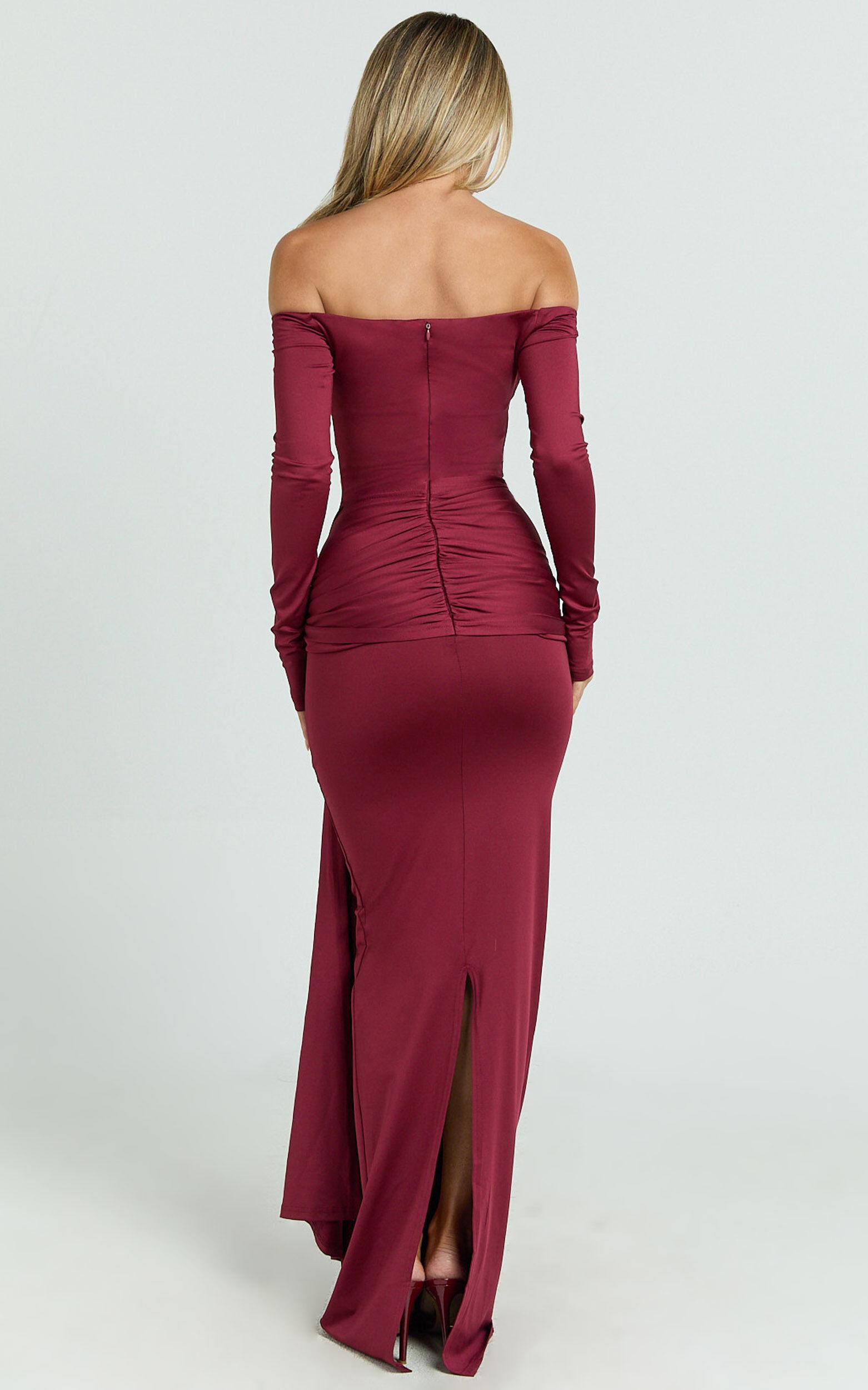 Judith Maxi Dress - Boat Neck Backless Tie Front Long Sleeve Jersey Dress in Wine Product Image