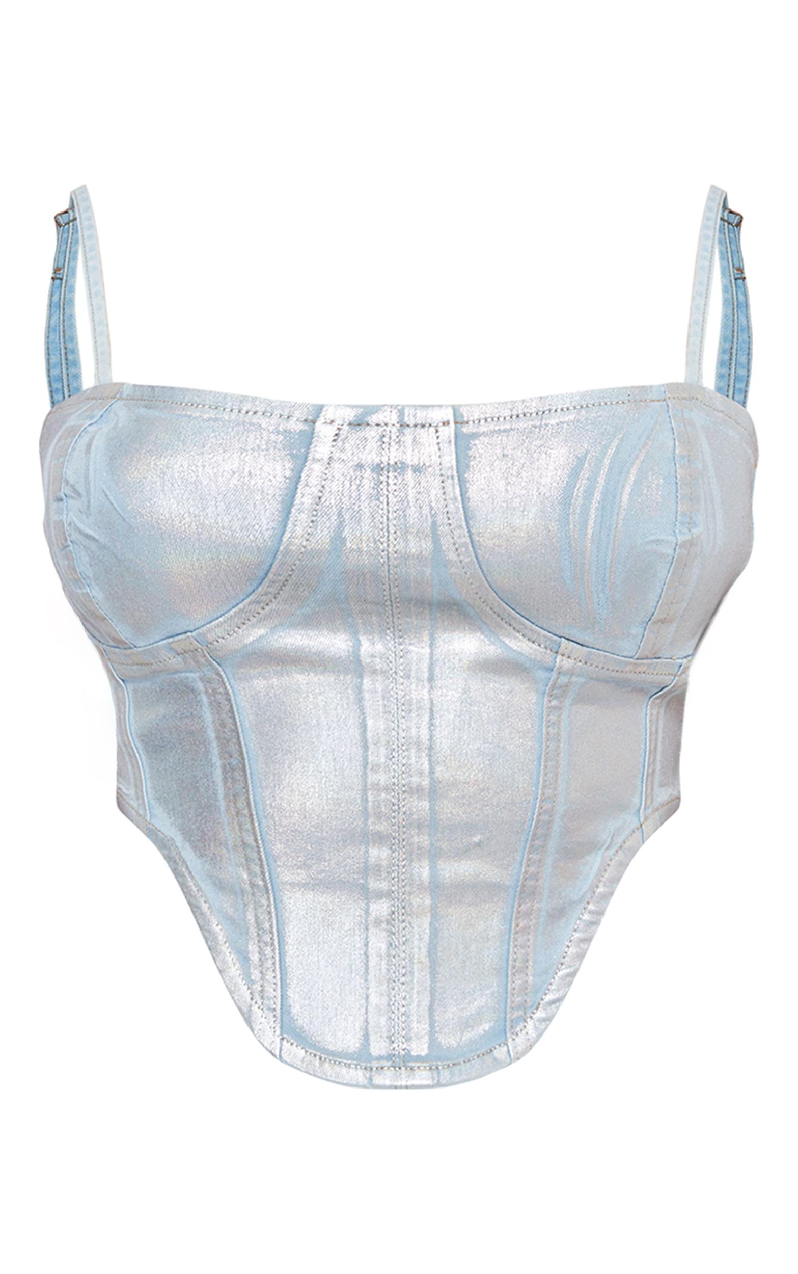 Silver Metallic Coated Denim Corset Top Product Image