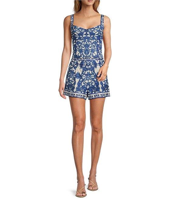 Antonio Melani Britani Blue Tile Print Sweetheart Neck Sleeveless Coordinating Blouse Product Image