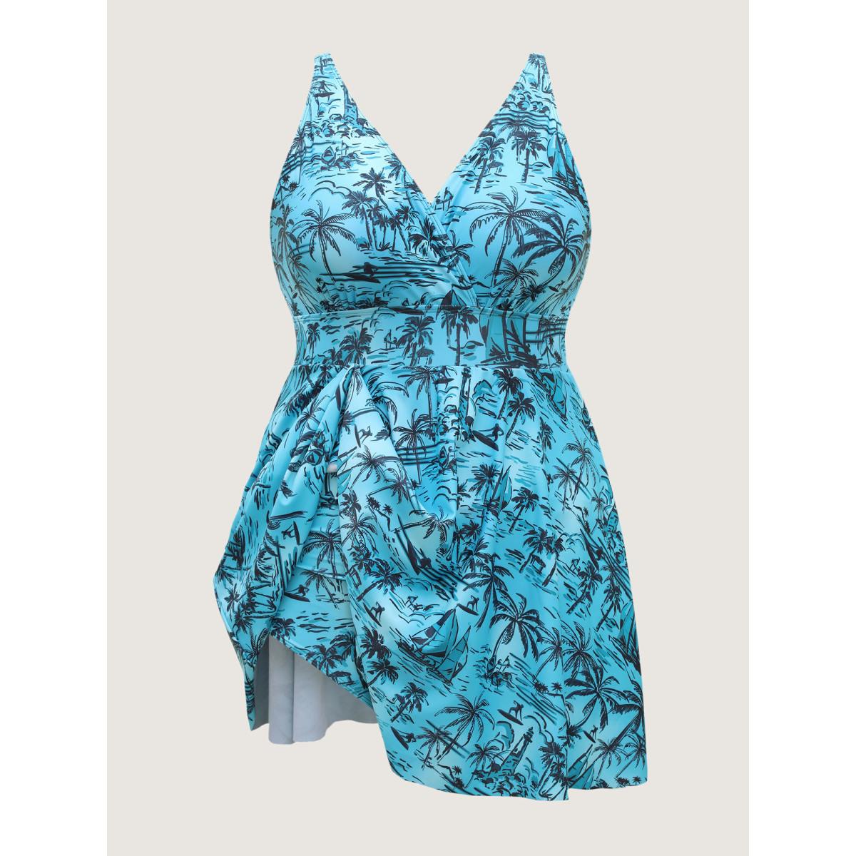 Plus Size Anti Float Tie Tropical Print Swim Dress Women's Swimwear Teal Resort Bodycon Overlap Collar High stretch Curve Swim Dresses BloomChic 28/5X Product Image