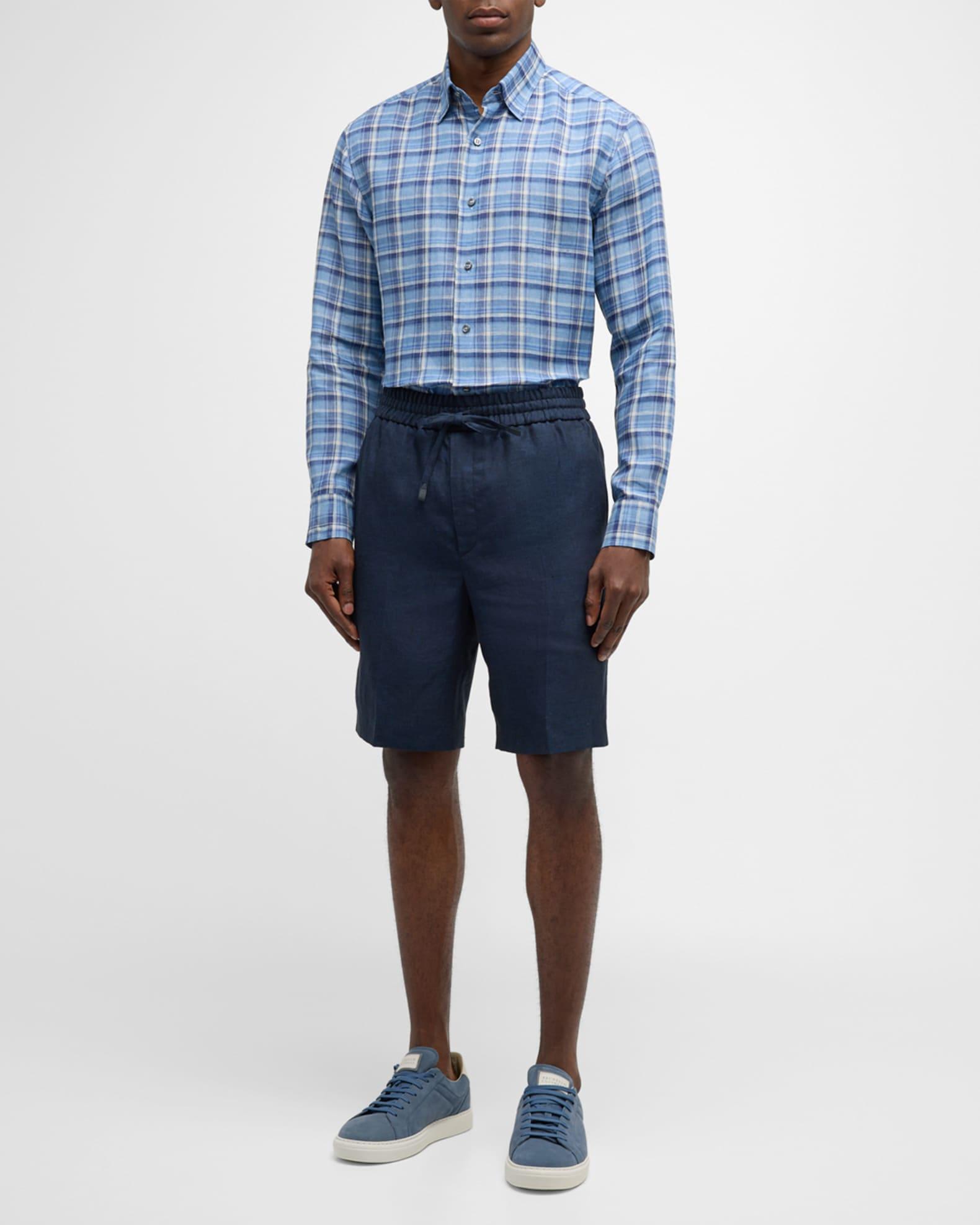 Men's Linen Plaid Casual Button-Down Shirt Product Image