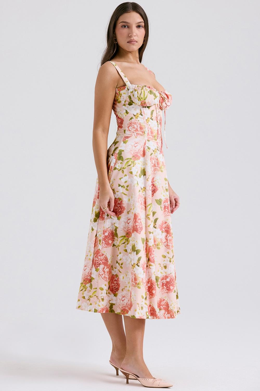 Carmen  pink peony print cotton bustier sundress Product Image
