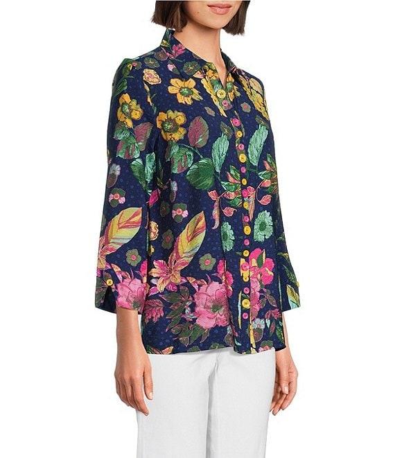Ali Miles Tropical Printed Crinkle Point Collar 3/4 Sleeve Button Front Tunic Product Image