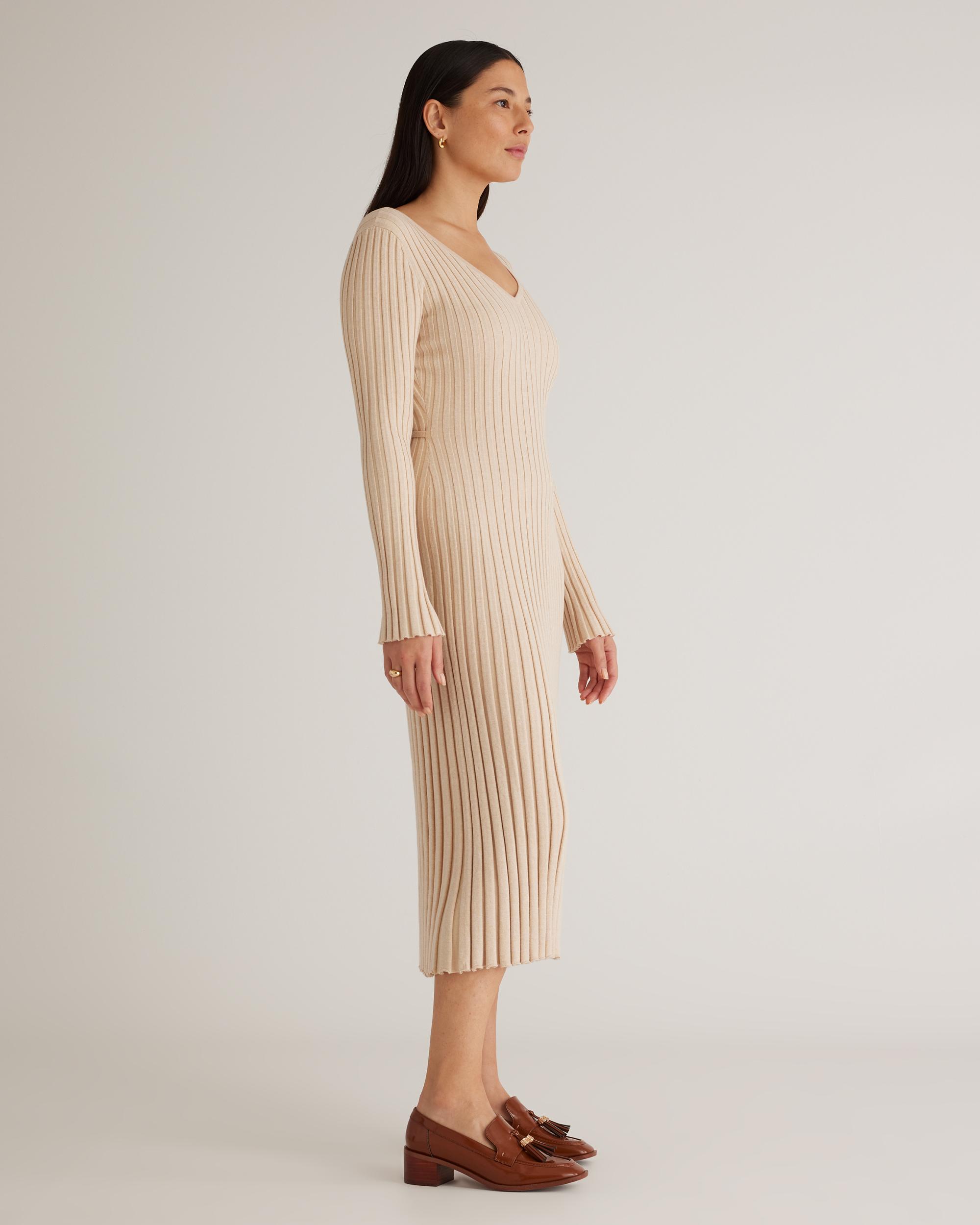 Quince | Women's Cotton Cashmere Ribbed Long Sleeve V-Neck Midi Dress Size XL Product Image