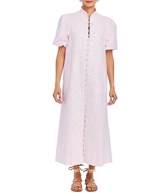 Mestiza New York Elliana Barong Woven Embroidered Mandarin Short Puff Sleeve Midi Dress Product Image