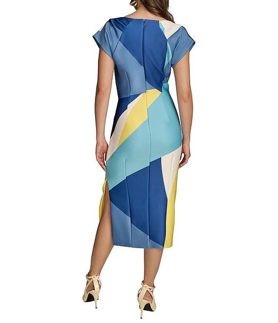 Donna Karan Short Sleeve Boat Neck Abstract Print Color Block Scuba Midi Sheath Dress Product Image