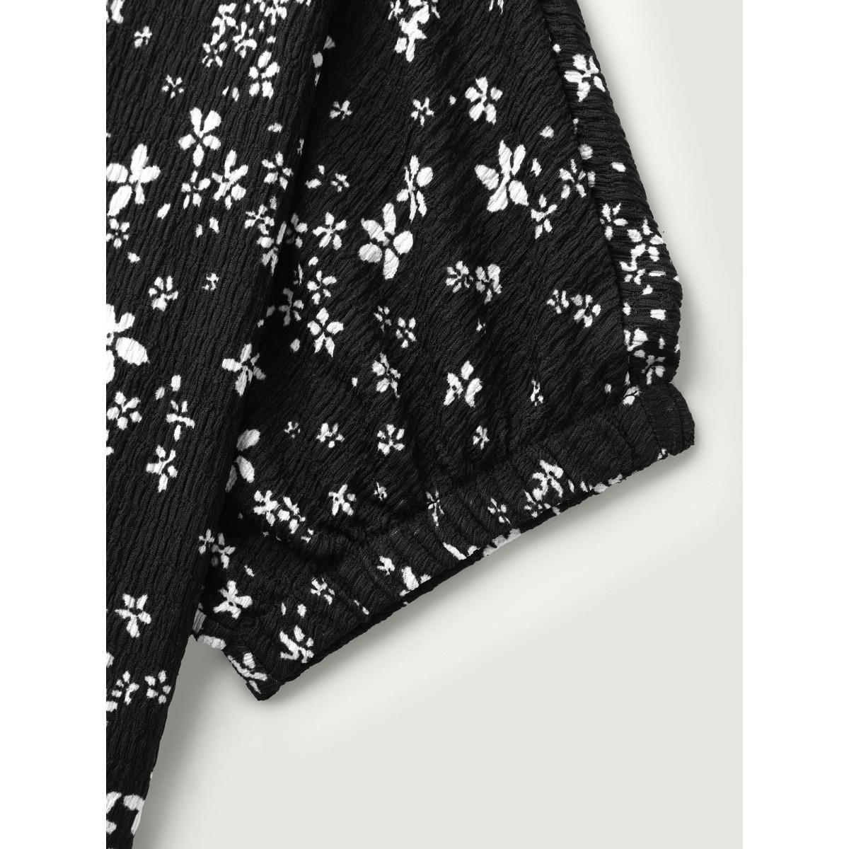 Plus Size Black Floral Print Textured Puffy Sleeve Blouse Women Timeless Half Sleeve Round Neck Elegant Blouses BloomChic 22-24/3X Product Image