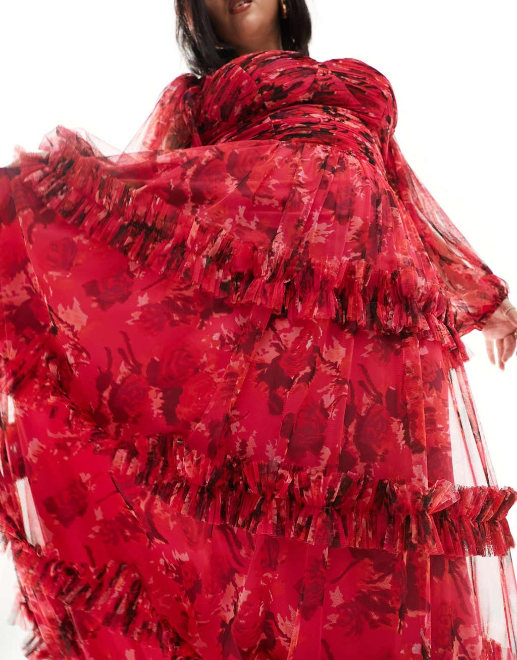 Lace & Beads Plus long sleeve tulle ruffle maxi dress in pink and red floral Product Image
