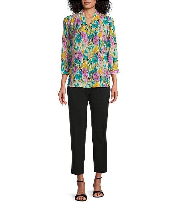 Investments Petite Size Caroline Signature Ikat Garden V-Neck 3/4 Sleeve Button Front Top Product Image