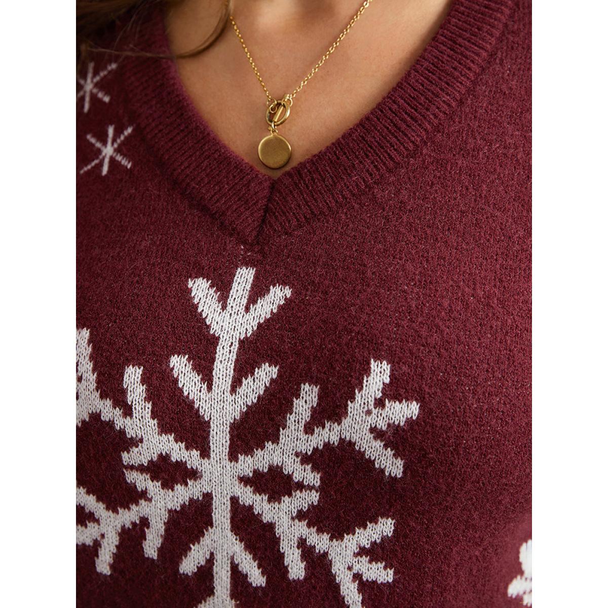 Plus Size Anti-Pilling Snowflake Print Pullover Scarlet Women Playful Loose Long Sleeve V-neck Casual Pullovers BloomChic 28/5X Product Image