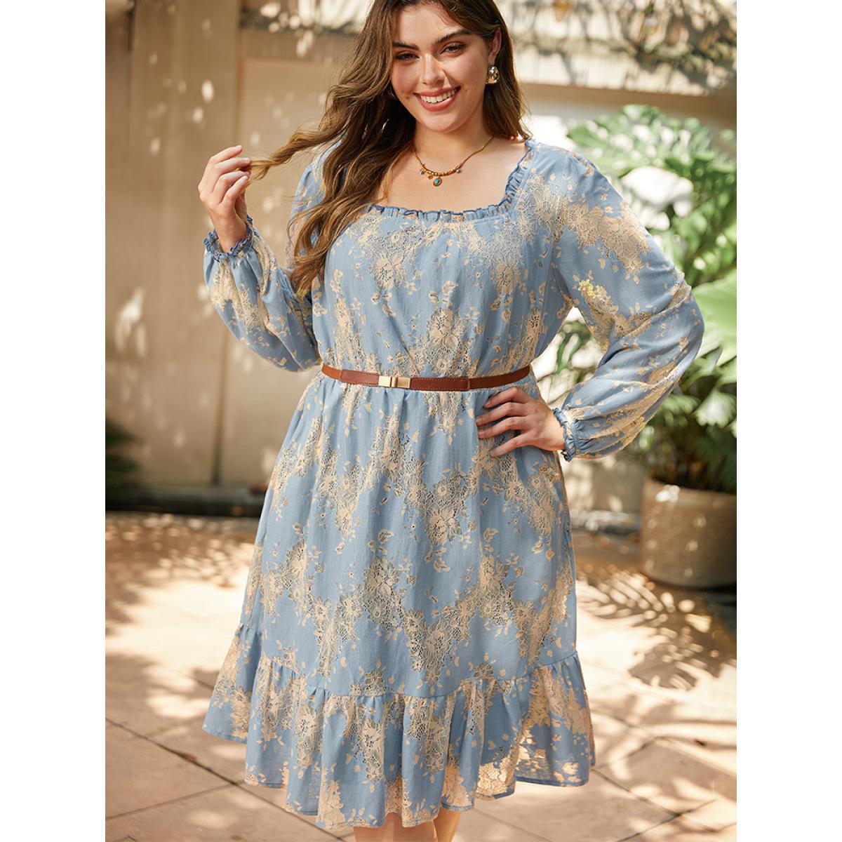 Plus Size Contrast Lace Panel Frill Trim Lantern Sleeve Dress Aegean Women Vacation Elastic cuffs Square Neck Long Sleeve Curvy Midi Dress BloomChic 12/L Product Image