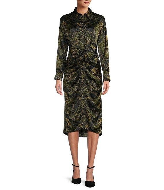 Antonio Melani Roxanne Satin Motif Print Point Collar Long Sleeve Button Front Belted Ruched Waist Midi Shirt Dress Product Image