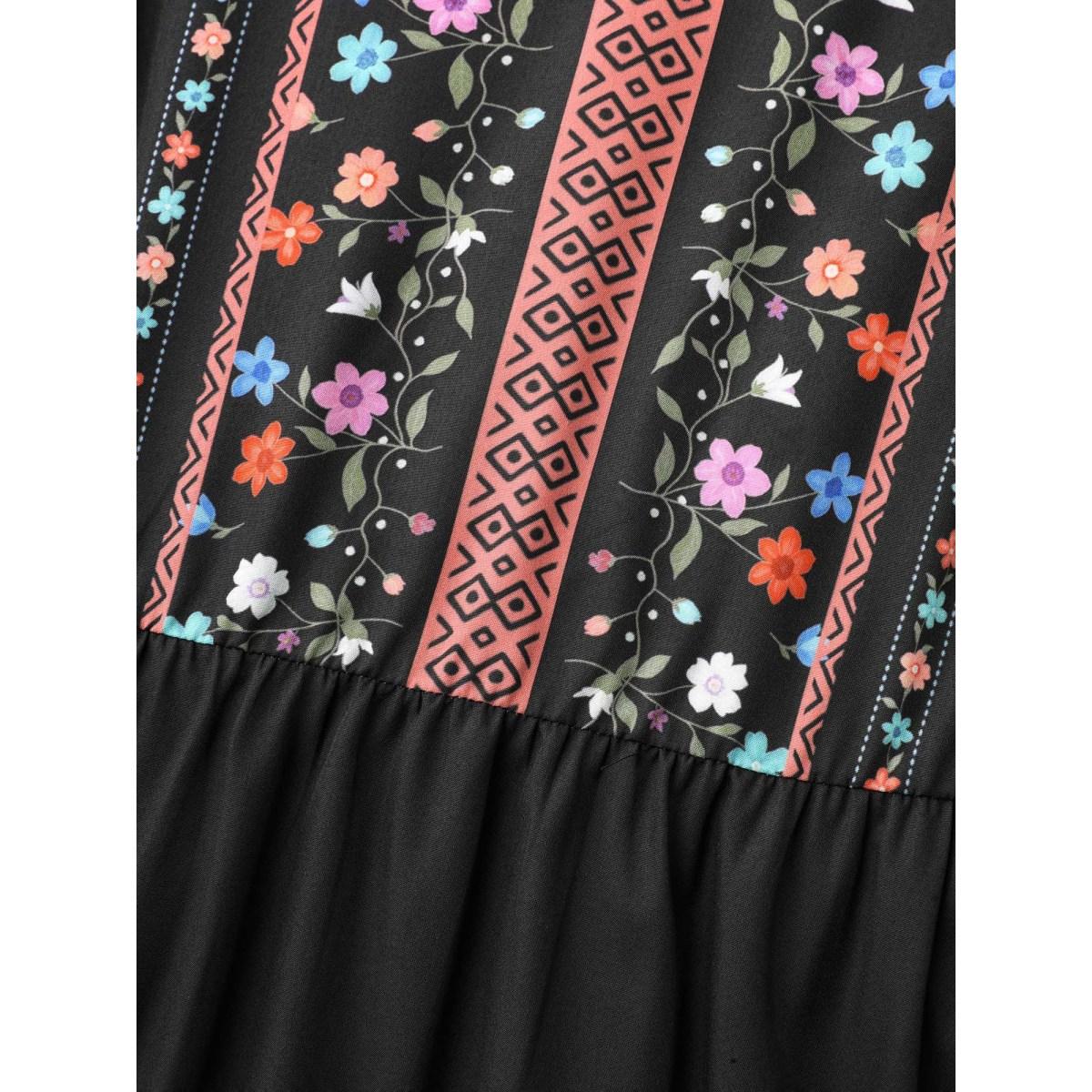 Plus Size Notched Collar Boho Print Midi Dress Black Women Resort Non Notched collar Long Sleeve Curvy BloomChic 14-16/1X Product Image