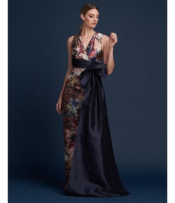 Kay Unger Floral Sleeveless Surplice V-Neck Asymmetrical Bow Empire Waist Tulip Dress Product Image