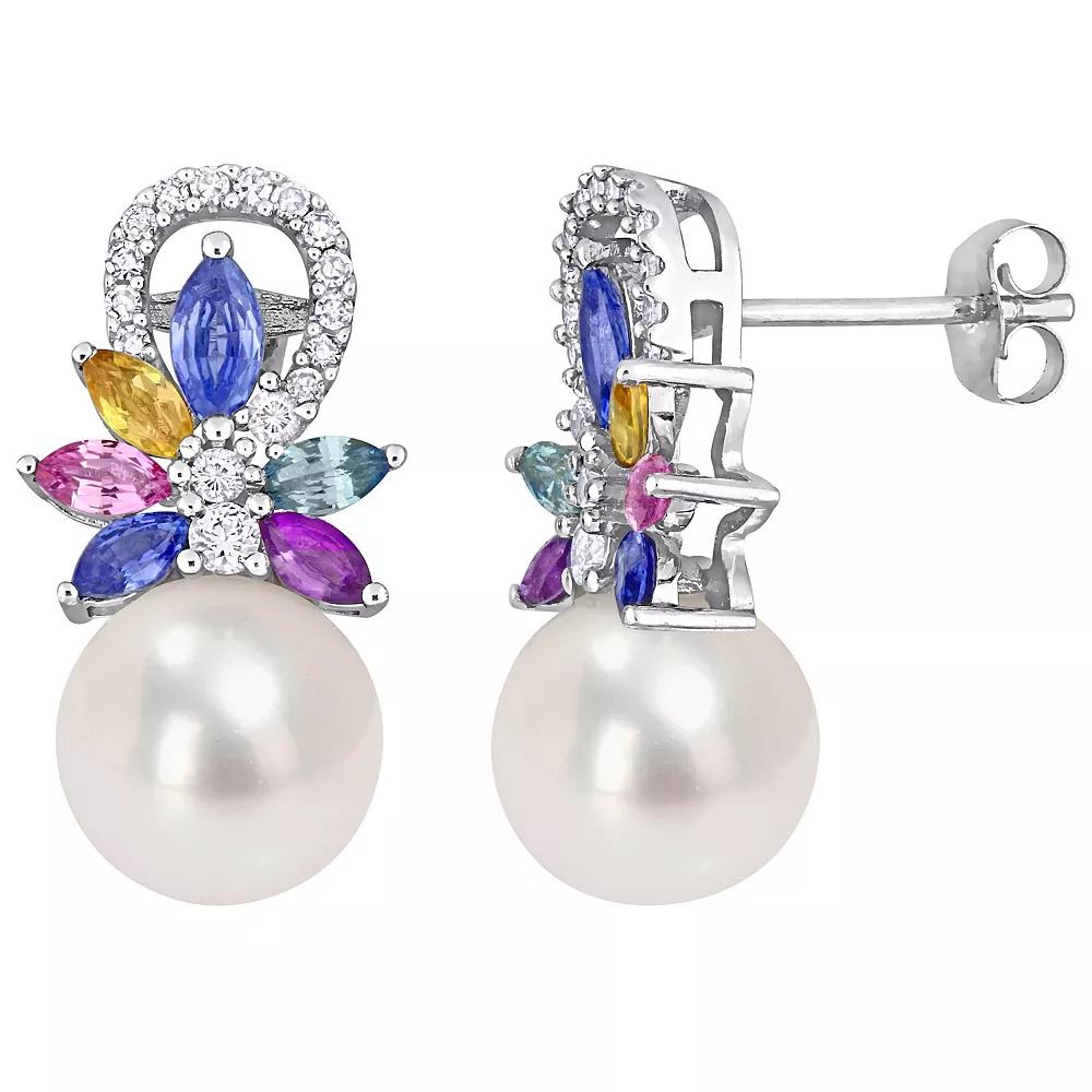 Stella Grace 14k White Gold Freshwater Cultured Pearl, Multicolor Sapphire & 1/8 Carat T.W. Diamond Flower Drop Earrings, Women's Product Image