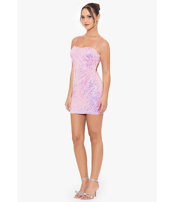 Blondie Nites Sleeveless Spaghetti Strap Iridescent Sequin Open Back Dress Product Image