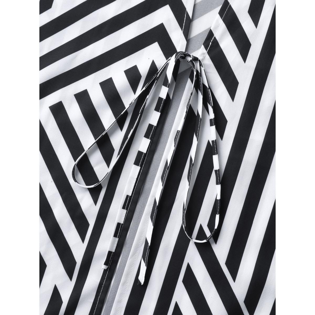 Plus Size Asymmetrical Stripes Front-Tie Kimono Women Black Tie knot Loose Vacation Kimonos BloomChic 10/M Product Image