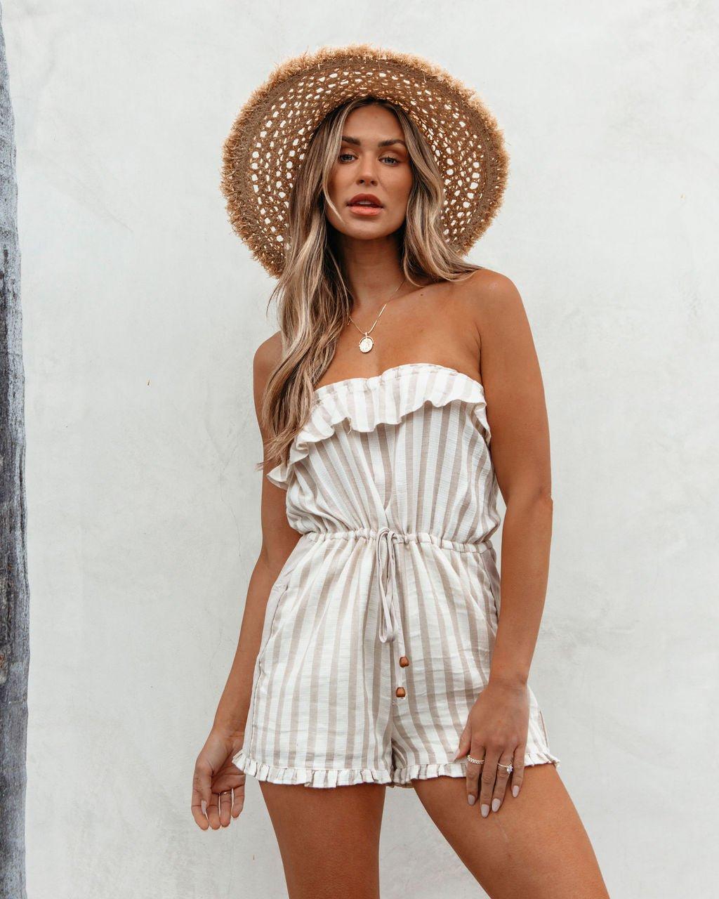 Taupe Striped Tube Romper - FINAL SALE Product Image