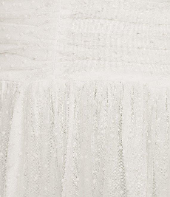 B. Darlin Flocked Dot Mesh Sweetheart Neck Shirred Bustier Mini Dress Product Image