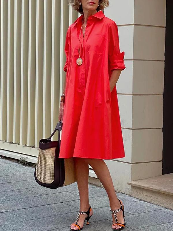 Simple Long Sleeves Solid Color Lapel Midi Dress Product Image
