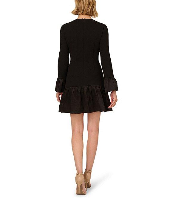 Adrianna Papell Stretch Crepe Taffeta Crew Neck Long Bell Sleeves Drop Waist Mini Dress Product Image