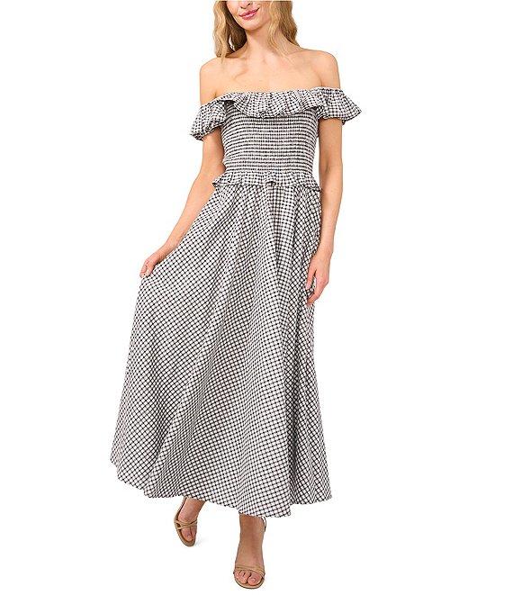 CeCe Gingham Off-The-Shoulder Sleeveless Ruffle Smocked Maxi A-Line Dress Product Image
