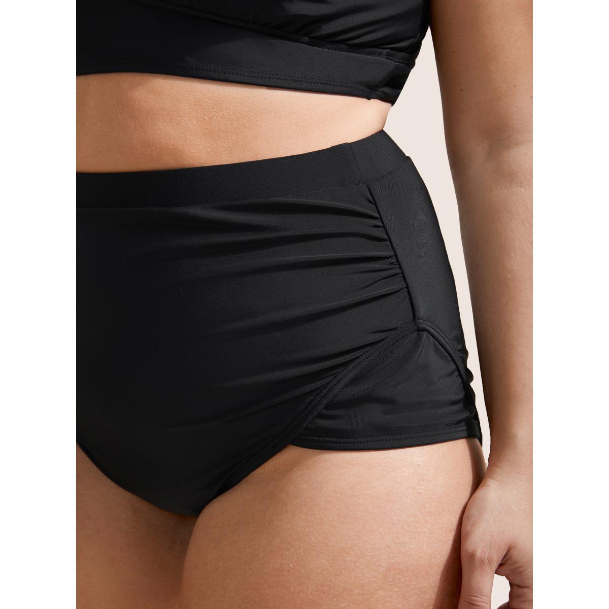 Plus Size Plain Patchwork Ruched Swim Bottom Women's Swimwear Black Resort Non High stretch Skinny High Rise Curve Swim Bottoms BloomChic 18-20/2X Product Image