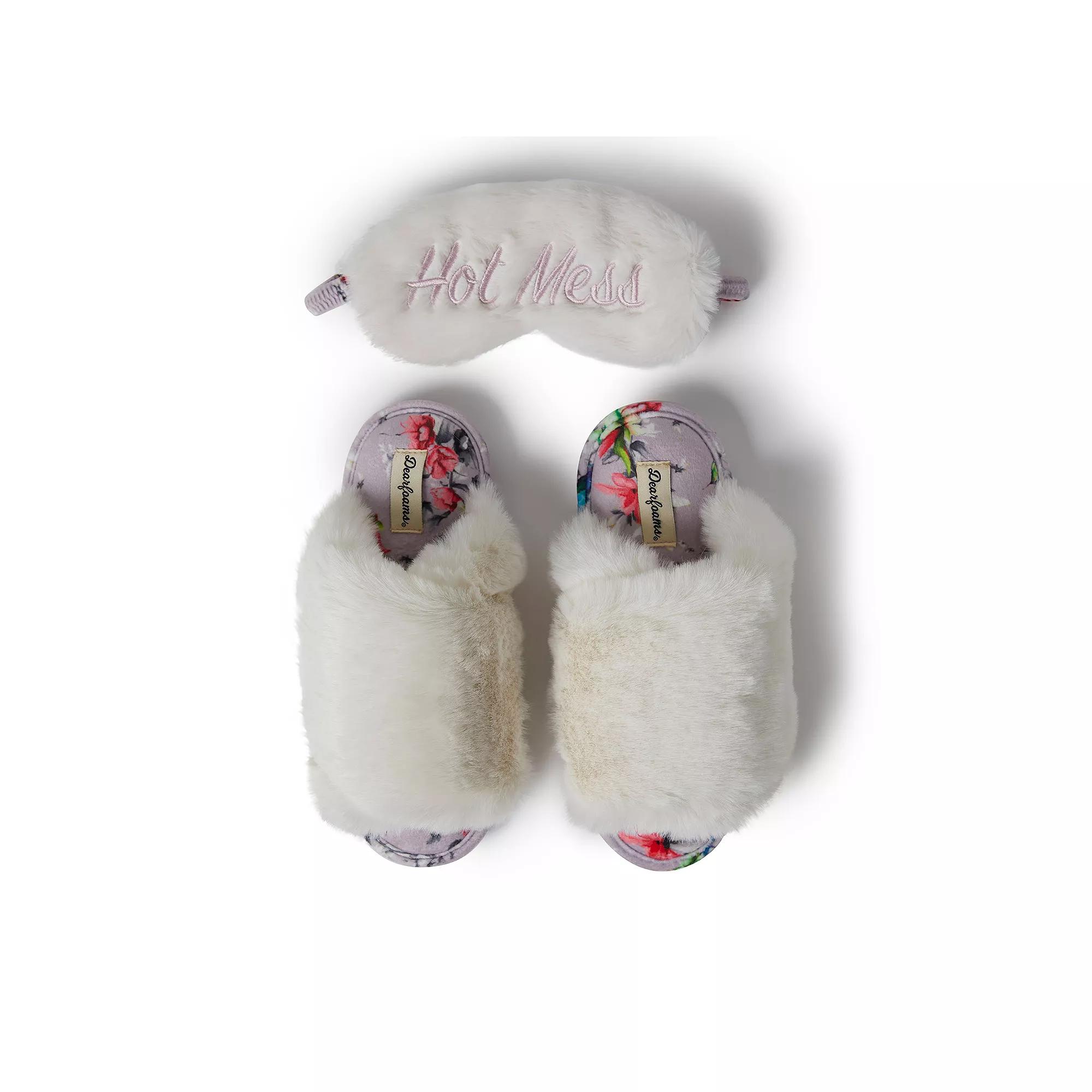 Dearfoams Louise Faux Fur Cross Band Women's Slide Slippers with Sleep Mask,  Product Image